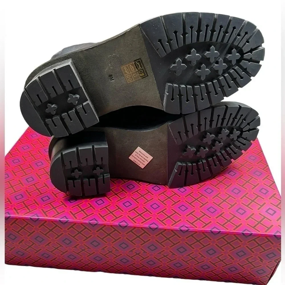 Tory Burch Womens Boots Miller 60MM Checked Wool Calf Leather Navy Size 8